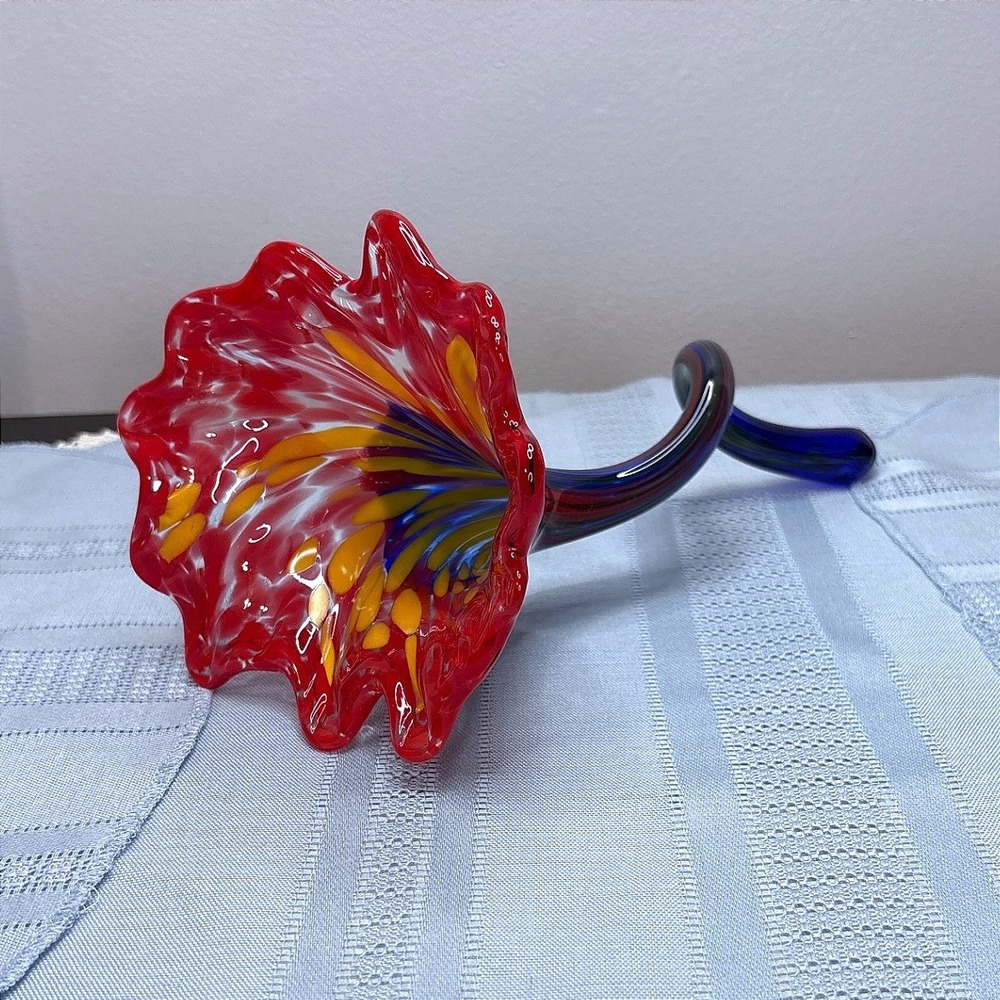 Murano-Style Hand Blown Art Glass Flower Red Blue Yellow Ruffled Calla Lily